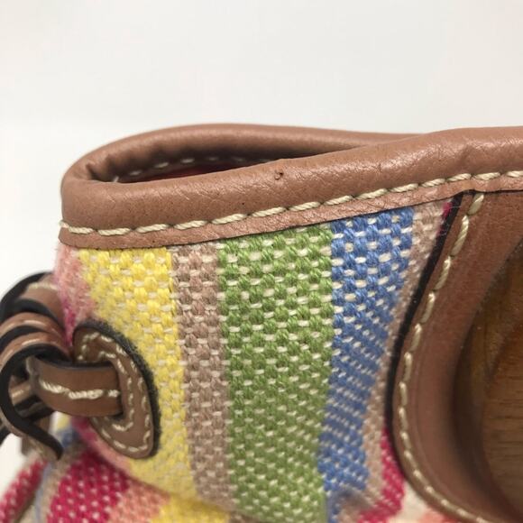 Fossil Spring Striped Fabric Cloth Satchel Crossbody Purse Bag Wooden Handles - Picture 2 of 12